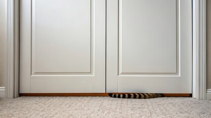 Cat tail peeking under closed door on carpeted floor in the house