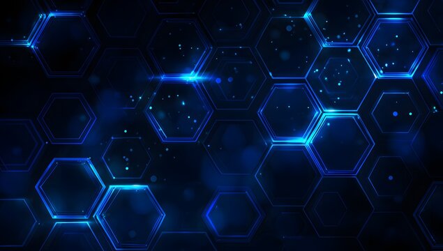 Abstract glowing blue hexagonal geometric patterns with digital data streams and light particles on a dark background representing futuristic technology and network connections - Powered by Adobe