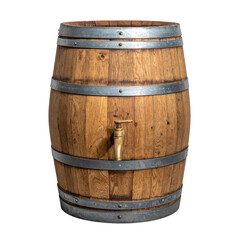 Obraz premium A wooden barrel with metal bands, a brass spigot, against a black backdrop