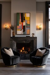 A living room with a fireplace and a painting on the wall