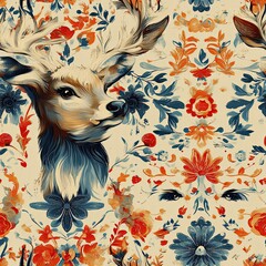 Seamless pattern with deer and flowers, vintage woodland design.