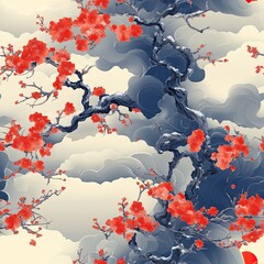Seamless cherry blossom pattern in Japanese style, elegant oriental design.
