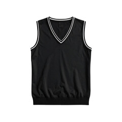 A black sleeveless vest with a V-neck and white trim, set against a dark backdrop