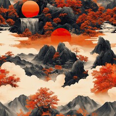 Red and black Japanese mountain landscape with sunset, elegant oriental design.
