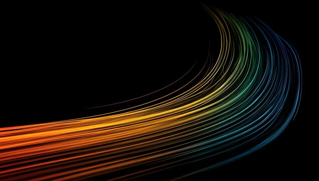 Vibrant abstract light trails in a dark background creating a dynamic visual effect with a spectrum of warm to cool colors curving across the frame - Powered by Adobe