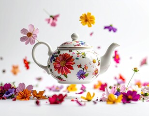 Floral teapot levitates amongst floating, colorful blooms