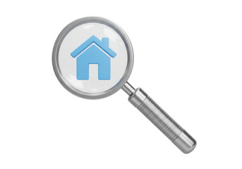 Isolated 3D render of a magnifying glass searching for a home property real estate concept finding a house for sale or rent