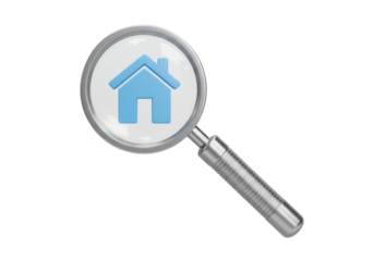 Isolated 3D render of a magnifying glass searching for a home property real estate concept finding a house for sale or rent