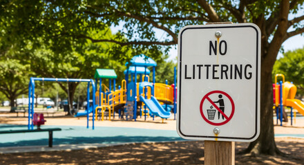 Ecology message in public park playground with "no littering" sign
