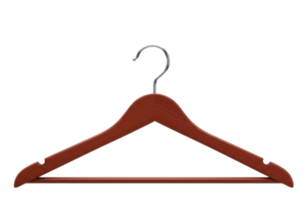 Isolated elegant brown wooden clothes hanger with a shiny metal hook for wardrobe organization and fashion display accessory