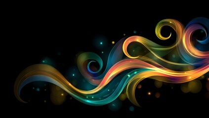 Vibrant swirling luminous energy trails with sparkling particles against a deep black background creating a dynamic abstract visual effect