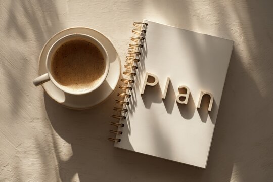 Minimal flat lay with coffee cup and productivity planner arranged neatly on a white surface, symbolizing focus and creativity.