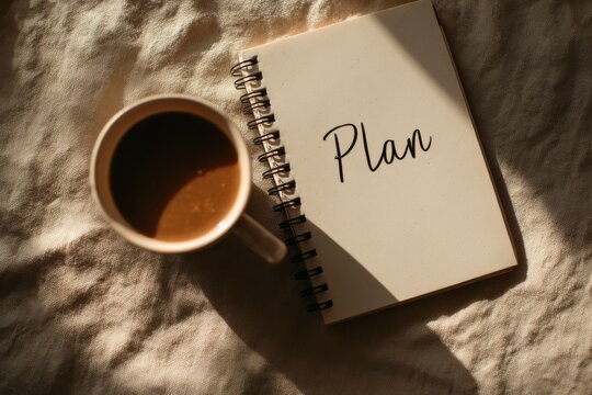 Minimal flat lay with coffee cup and productivity planner arranged neatly on a white surface, symbolizing focus and creativity.