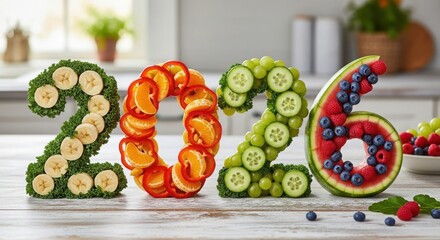Creative new year s eve 2026 celebration centerpiece crafted from fresh fruits and vegetables arranged in large numbers