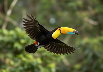 Naklejka premium Vibrant toucan with striking yellow beak soars gracefully through lush green jungle canopy, captured in dynamic flight, showcasing exotic wildlife beauty and tropical wonder.