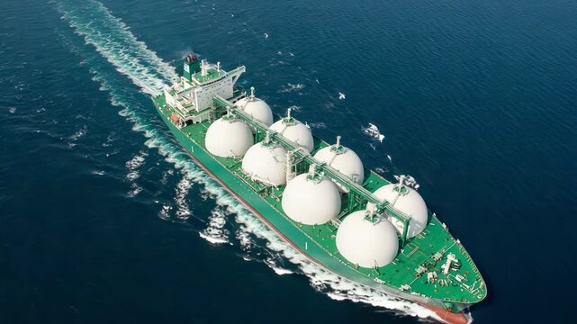 Aerial view of a large lng tanker ship sailing on the blue ocean
