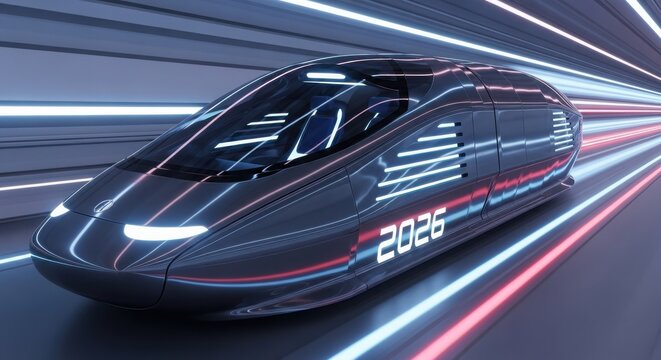 Sleek futuristic high speed train with illuminated windows travels through a vibrant neon light tunnel
