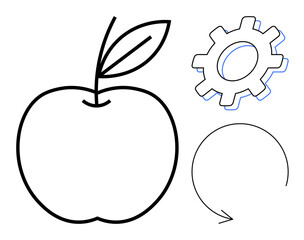 Apple with leaf, gear, and circular arrow connected via simple outlines. Ideal for learning, technology, sustainability, progress, wellness development and productivity concepts. Minimalist flat