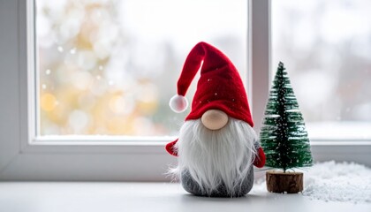 Fototapeta premium Red-Hatted Gnome with Mini Christmas Tree