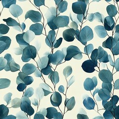 Seamless eucalyptus leaf pattern in blue tones, botanical watercolor design.
