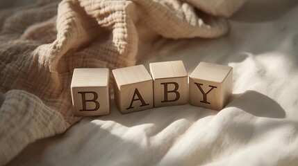 Flat lay wooden alphabet blocks spelling BABY, Minimalist nursery concept symbolizing newborn life, childhood, love, and care. Perfect for baby announcements, parenting blogs