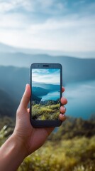 A person holding a cell phone with a landscape in the background