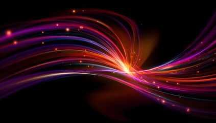 Vibrant swirling luminous energy trails with glowing particles creating an abstract futuristic light show on a dark background