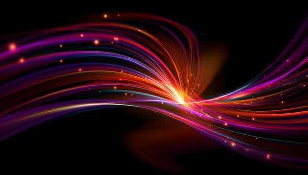 Vibrant swirling luminous energy trails with glowing particles creating an abstract futuristic light show on a dark background