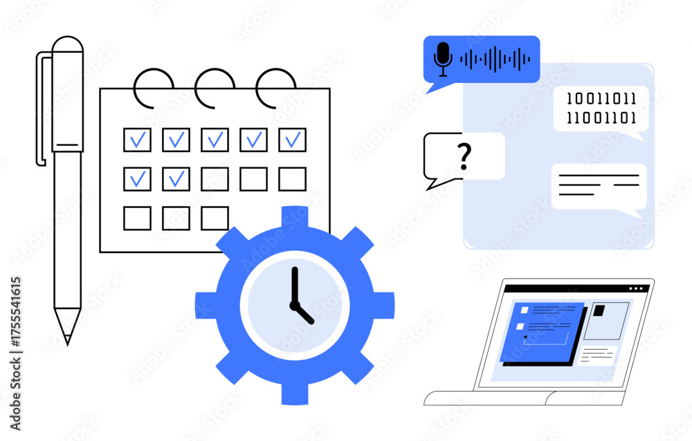 Wall mural pen, calendar with checkmarks, gear, speech bubble with binary data, and screen with digital interfa