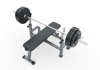 Weight bench with barbell and plates for strength training and home gym workouts