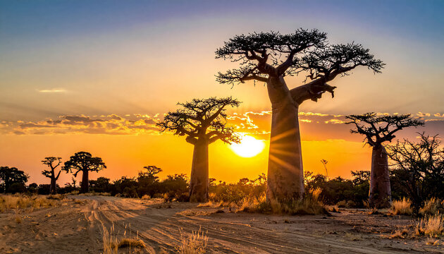 Sunset, against the backdrop of the African desert, with baobab trees growing, an atmosphere of soft romance and the spirit of travel