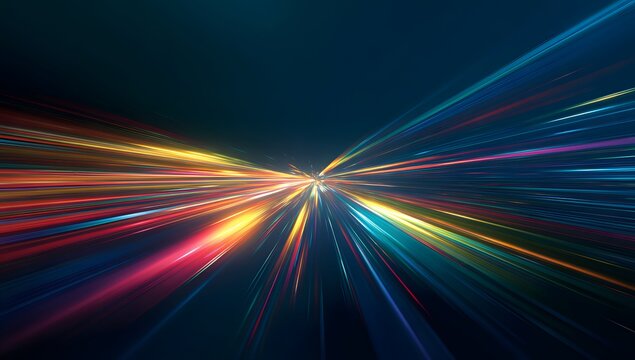 Abstract dynamic light trails streaking into the distance creating a sense of speed and futuristic motion with vibrant colors on a dark background