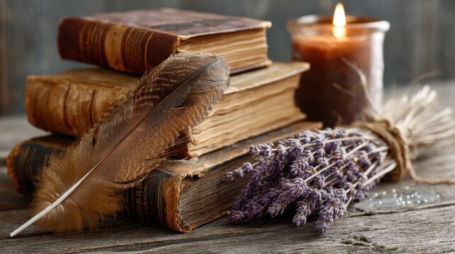 Vintage books with feather and lavender sprigs beside a lit candle on wooden table, capturing the essence of cozy reading and rustic charm. - Powered by Adobe