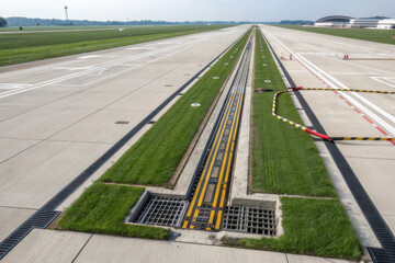 Fototapeta premium Airport Taxiway Cable Channel with Grass and Drainage Grates, Modern Runway Infrastructure and Maintenance Engineering