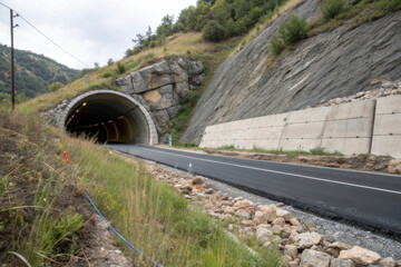 Mountain Road Tunnel Entrance with Asphalt Highway, Scenic Rocky Landscape and Green Hills, Civil Engineering Infrastructure

