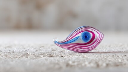 Obraz premium Colorful Glass Art Piece Featuring Swirling Patterns and Eye Design on a Cream Background with Soft Shadows and Subtle Texture