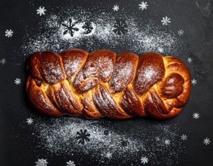 Braided bread on black with powdered sugar