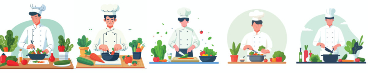 vector male chef cooking fresh vegetables