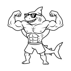 Vector cartoon muscular shark, cartoon shark superhero