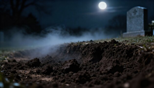 Emptiness and Echoes: A lone grave lies open beneath a moonlit sky, shrouded in an eerie mist, evoking a sense of finality. The surrounding grounds and gravestones echo a long silence.