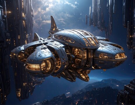 Futuristic spacecraft flies through a dense cityscape - Powered by Adobe