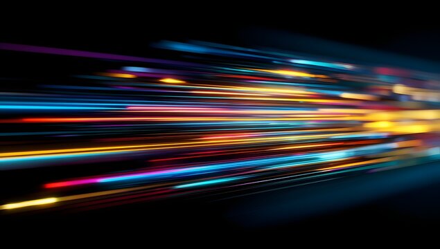 Abstract streaks of vibrant colorful light trails moving rapidly across a dark background creating a sense of speed and motion in a futuristic digital environment