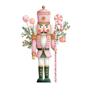 Colorful nutcracker figure holding a candy cane, surrounded by plants and flowers, on a white background for festive decor