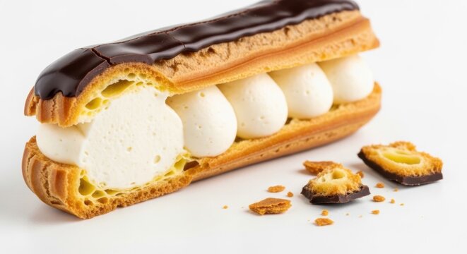 Close up of a delicious French eclair filled with light cream and dark chocolate topping resembling a temporary pavilion structure