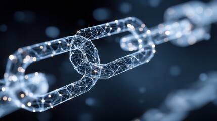 Transparent digital chain link representing blockchain technology and data security in a futuristic, interconnected network environment showcasing innovation.