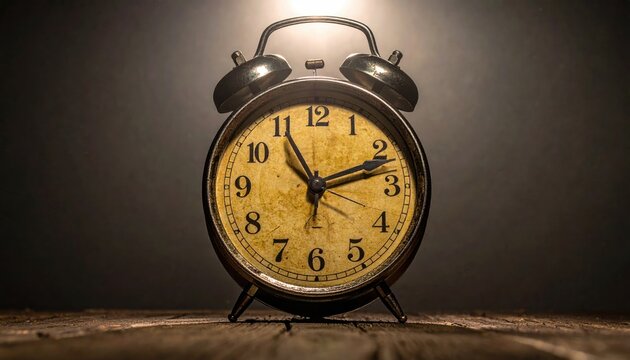 Aged alarm clock on wood, softly lit from above