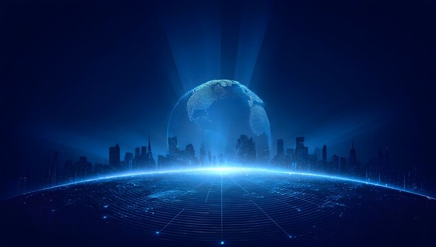 Futuristic digital cityscape illuminated by a glowing orb of light representing advanced technology and global connectivity in a dark blue environment - Powered by Adobe