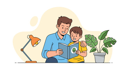Fototapeta premium father and son enjoying reading a book together with happiness in a cozy indoor setting copy space