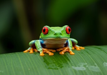 Fototapeta premium Vibrant green red eyed tree frog with bright orange feet rests on a wet tropical leaf, showcasing striking natural beauty and exotic wildlife.