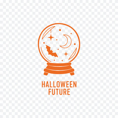 A Halloween-themed logo featuring a crystal ball with a crescent moon and bat silhouette, set on a white background.